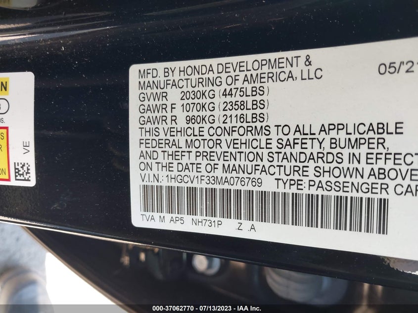 VIN 1HGCV1F33MA076769 2021 HONDA ACCORD SEDAN SPORT