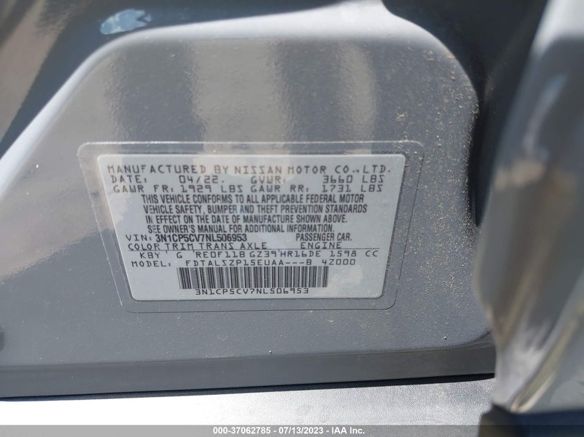VIN 3N1CP5CV7NL506953 2022 NISSAN KICKS SV
