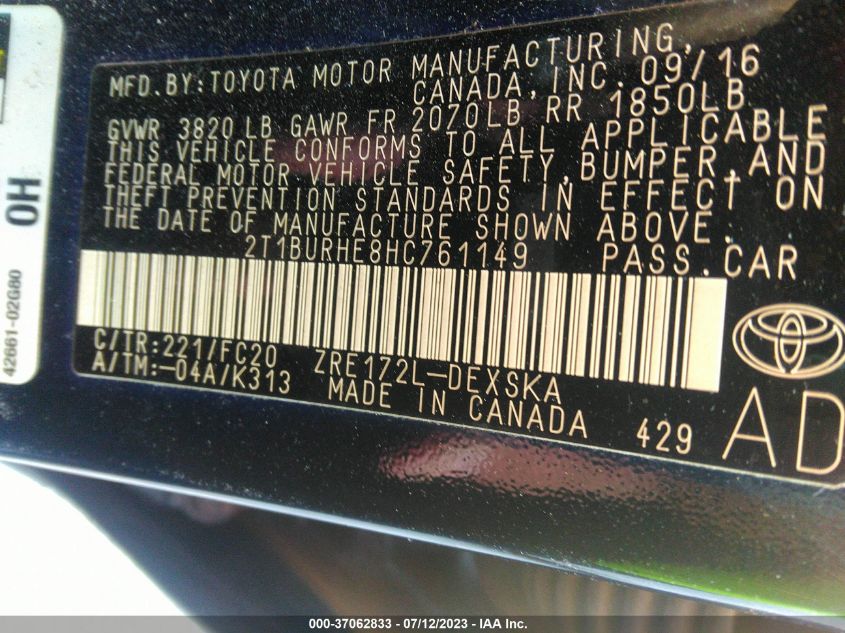 2017 TOYOTA COROLLA L/LE/XLE/SE/XSE - 2T1BURHE8HC761149