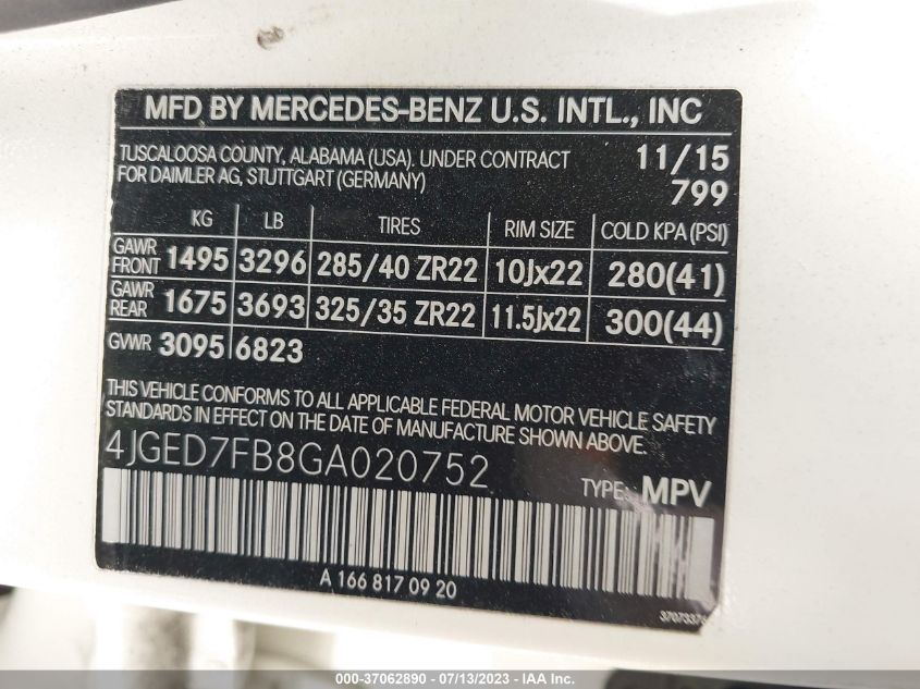 2016 MERCEDES-BENZ GLE AMG GLE 63 S - 4JGED7FB8GA020752