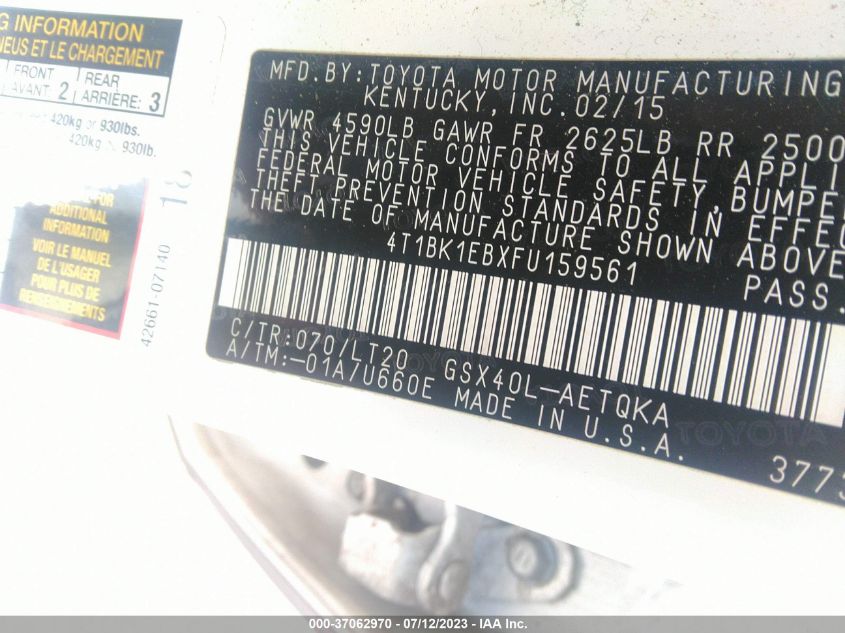 2015 TOYOTA AVALON XLE/PREMIUM/TOURING/LTD - 4T1BK1EBXFU159561