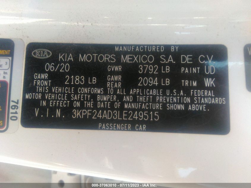 2020 KIA FORTE LXS - 3KPF24AD3LE249515