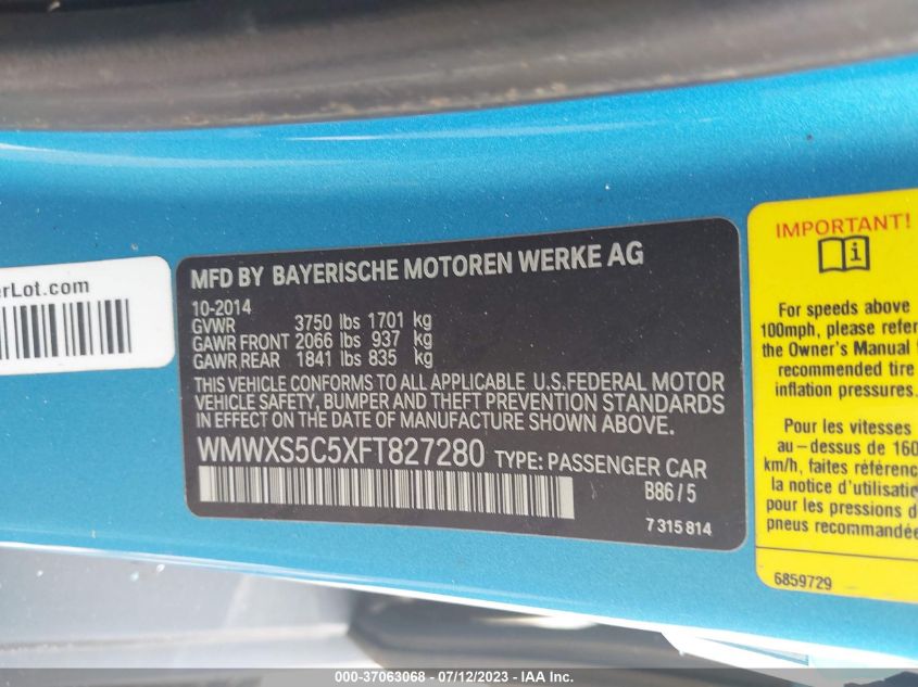 2015 MINI COOPER HARDTOP 4 DOOR WMWXS5C5XFT827280