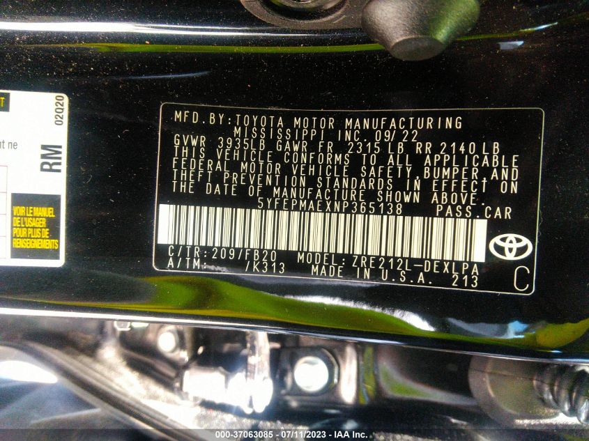 2022 TOYOTA COROLLA LE - 5YFEPMAEXNP365138