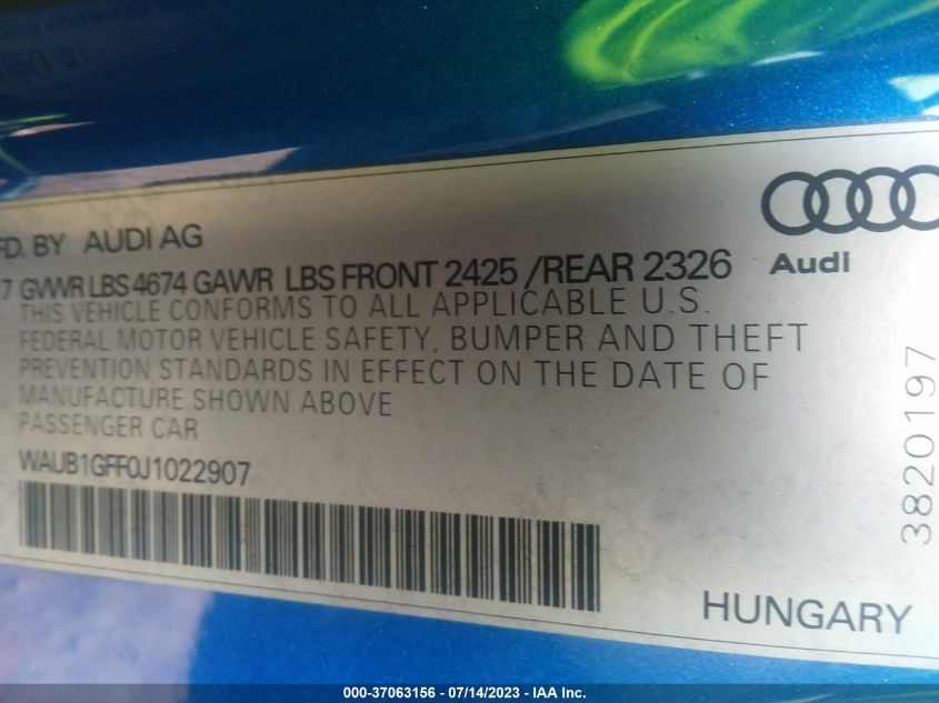 2018 AUDI S3 PREMIUM PLUS - WAUB1GFF0J1022907