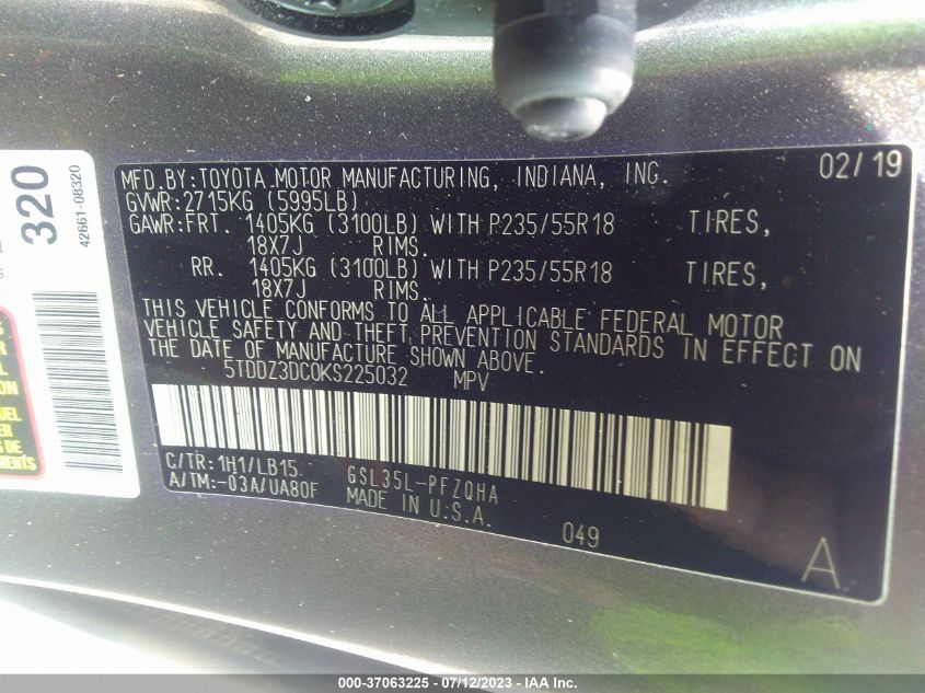 2019 TOYOTA SIENNA XLE - 5TDDZ3DC0KS225032