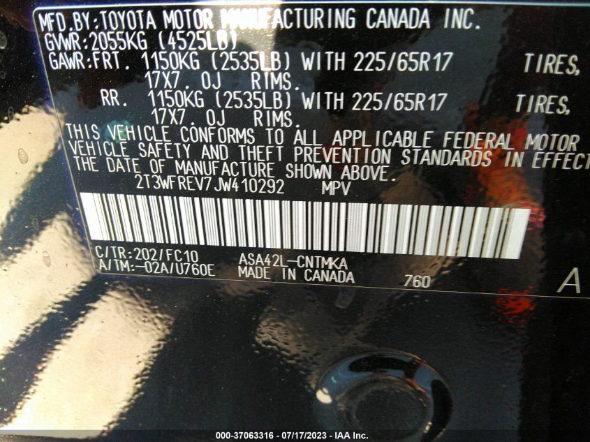 2018 TOYOTA RAV4 XLE/ADVENTURE - 2T3WFREV7JW410292