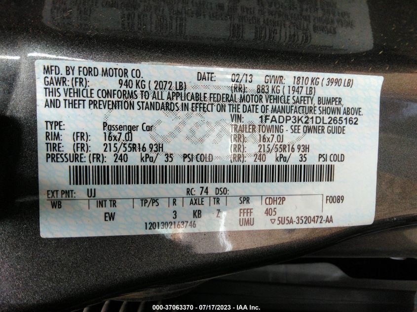 2013 FORD FOCUS SE - 1FADP3K21DL265162