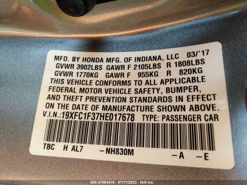 2017 HONDA CIVIC SEDAN EX-T - 19XFC1F37HE017678