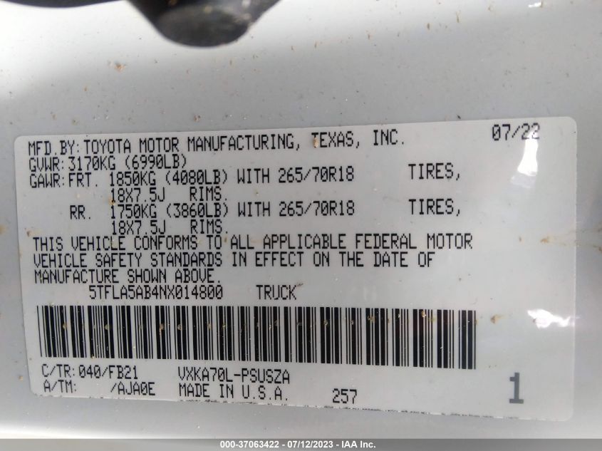 2022 TOYOTA TUNDRA 2WD SR5 - 5TFLA5AB4NX014800
