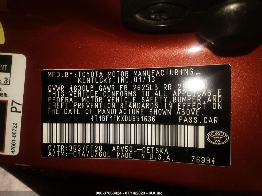 2013 TOYOTA CAMRY L/SE/LE/XLE - 4T1BF1FKXDU651636