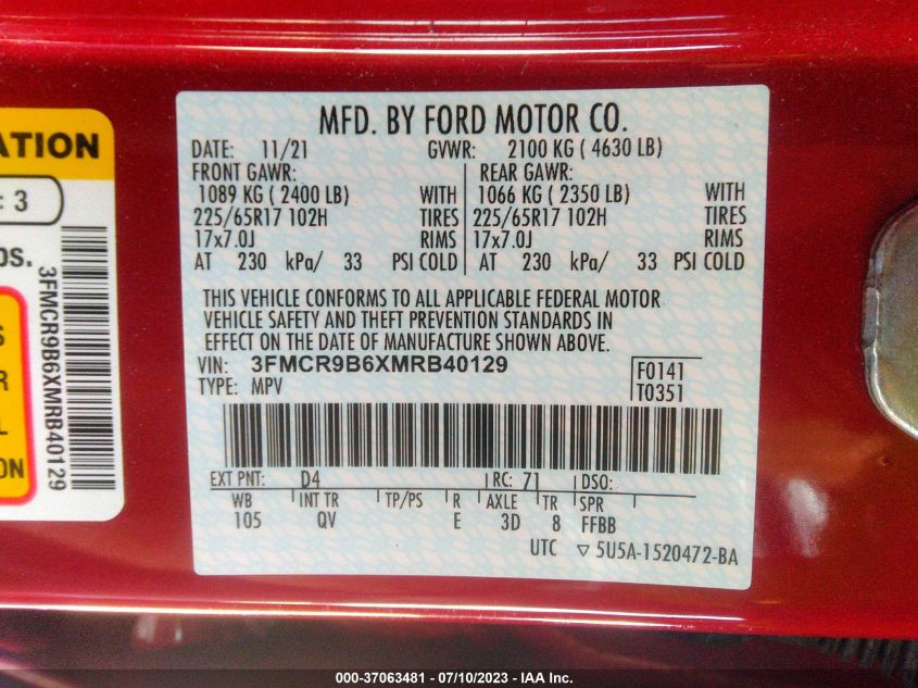 2021 FORD BRONCO SPORT BIG BEND - 3FMCR9B6XMRB40129