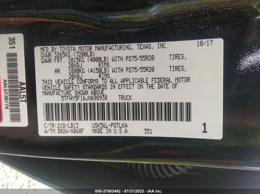 2018 TOYOTA TUNDRA 4WD LIMITED - 5TFHY5F16JX698938