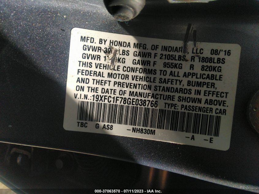 2016 HONDA CIVIC SEDAN EX-L - 19XFC1F78GE038766