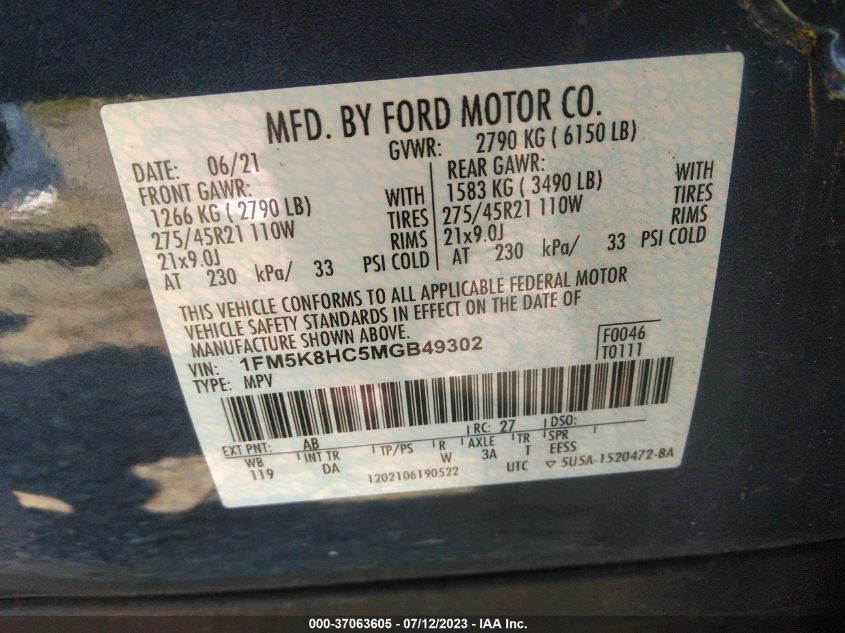 2021 FORD EXPLORER PLATINUM - 1FM5K8HC5MGB49302