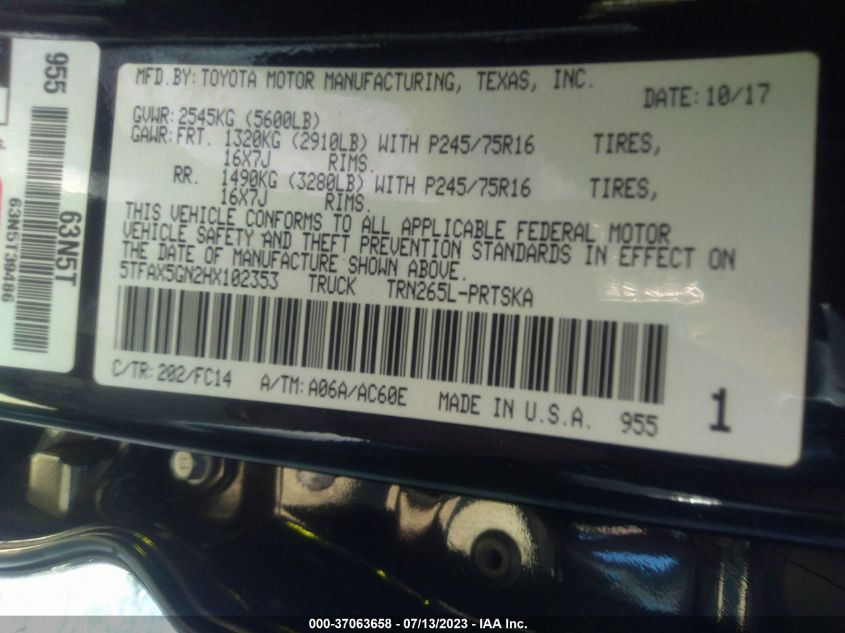 2017 TOYOTA TACOMA SR/SR5 - 5TFAX5GN2HX102353