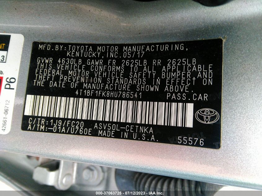 2017 TOYOTA CAMRY XLE/SE/LE/XSE - 4T1BF1FK8HU786541