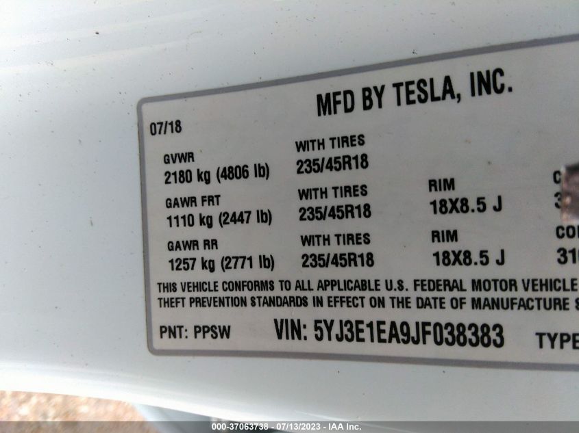 2018 TESLA MODEL 3 RANGE BATTERY - 5YJ3E1EA9JF038383