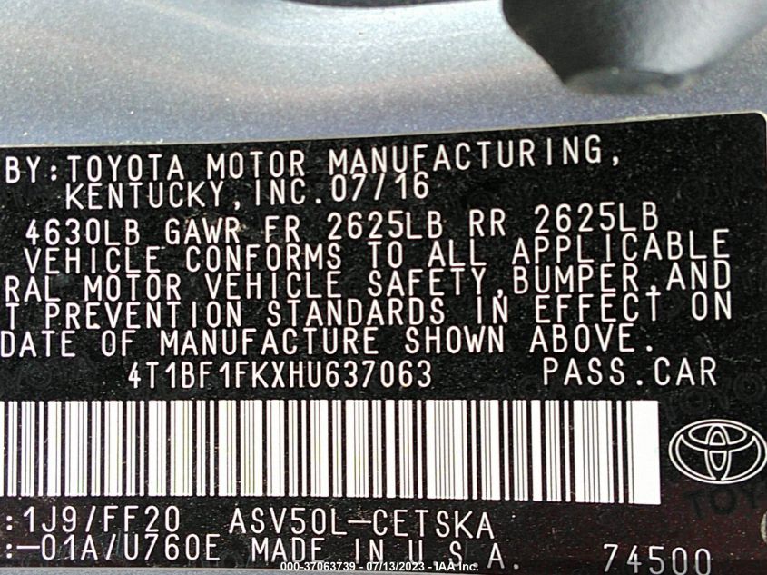 2017 TOYOTA CAMRY XLE/SE/LE/XSE - 4T1BF1FKXHU637063