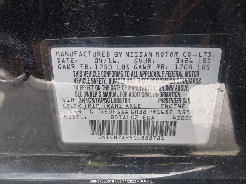 2016 NISSAN VERSA SL - 3N1CN7AP5GL888781