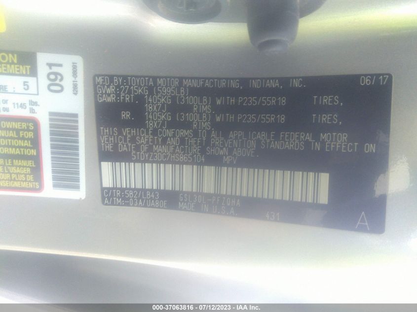 2017 TOYOTA SIENNA XLE/LIMITED - 5TDYZ3DC7HS865104