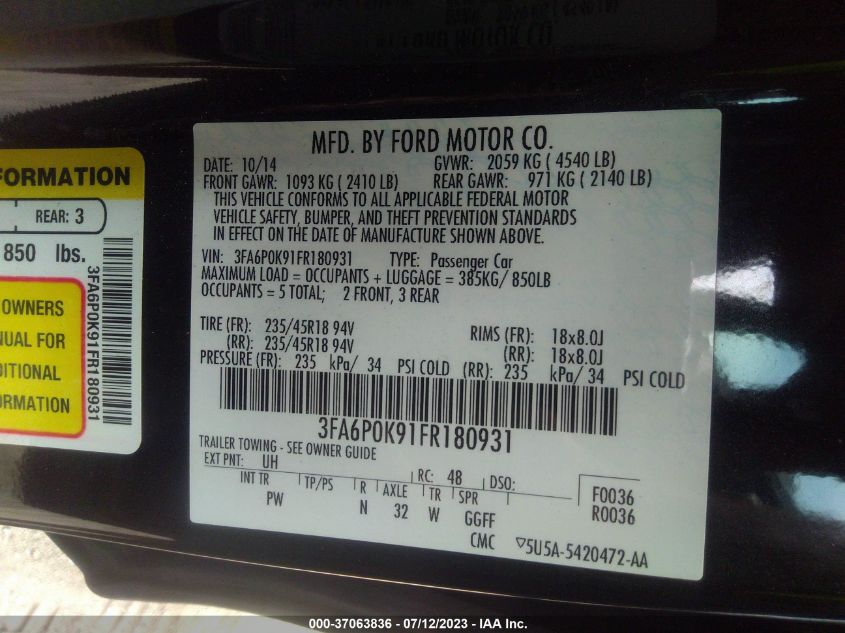 2015 FORD FUSION TITANIUM - 3FA6P0K91FR180931