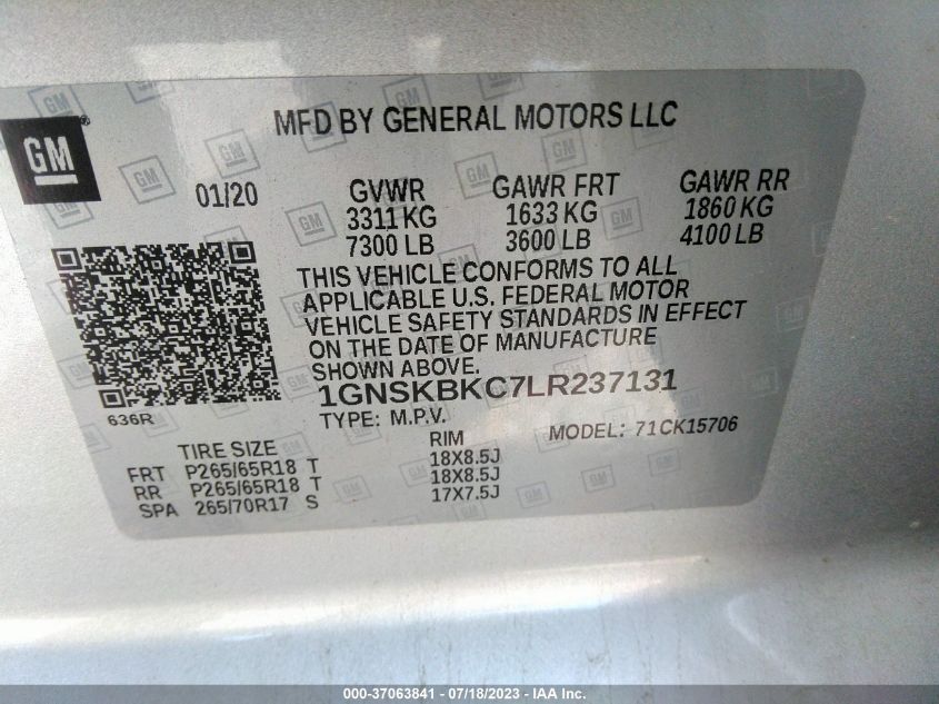 2020 CHEVROLET TAHOE K1500 LT - 1GNSKBKC7LR237131