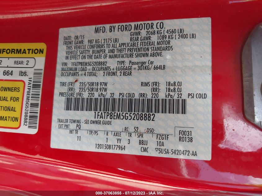 2016 FORD MUSTANG V6 - 1FATP8EM5G5208882