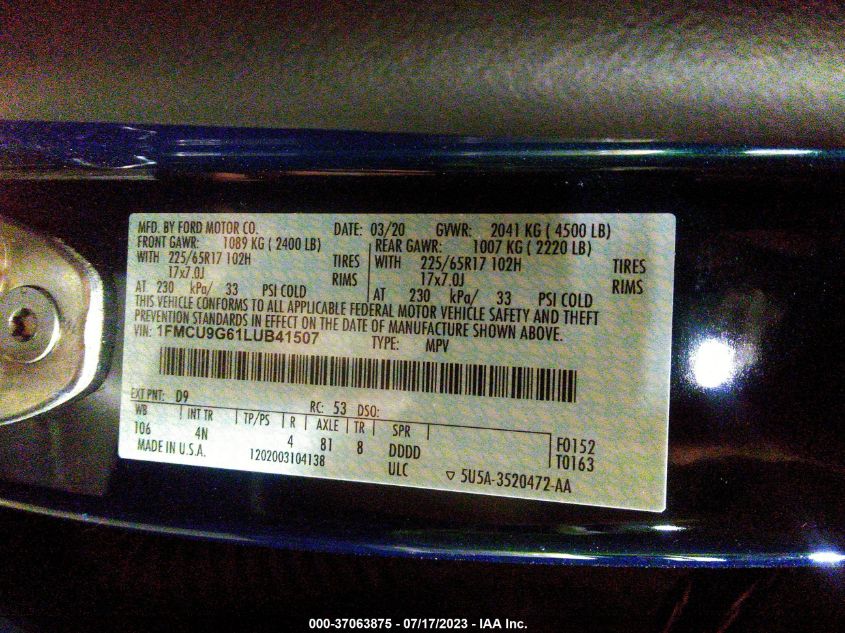 2020 FORD ESCAPE SE - 1FMCU9G61LUB41507