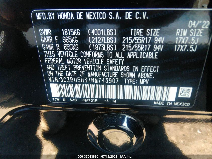 2022 HONDA HR-V LX - 3CZRU5H37NM743907