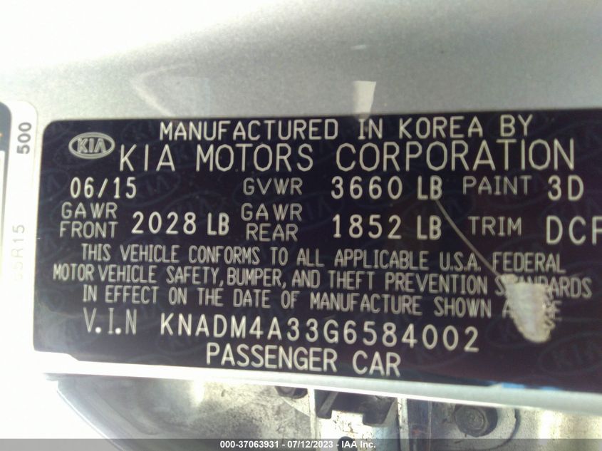 2016 KIA RIO LX - KNADM4A33G6584002