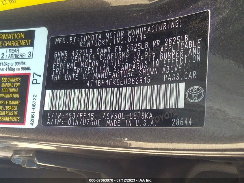 2014 TOYOTA CAMRY L/LE/XLE/SE/SE SPORT - 4T1BF1FK9EU362815