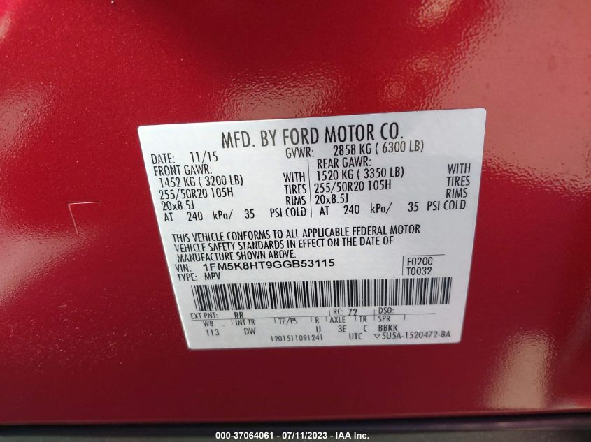 2016 FORD EXPLORER PLATINUM - 1FM5K8HT9GGB53115