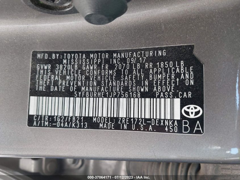 2018 TOYOTA COROLLA L/LE/XLE/SE/XSE - 5YFBURHE1JP756168