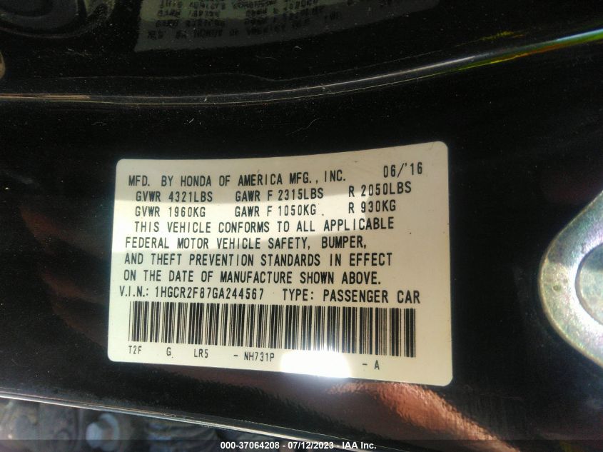 2016 HONDA ACCORD SEDAN EX-L - 1HGCR2F87GA244567