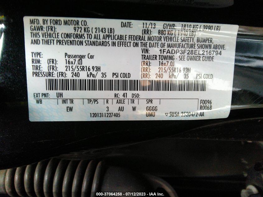 2014 FORD FOCUS SE - 1FADP3F28EL216794