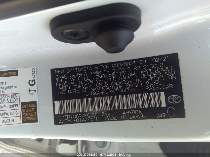 2021 TOYOTA PRIUS L - JTDKAMFU7M3144771