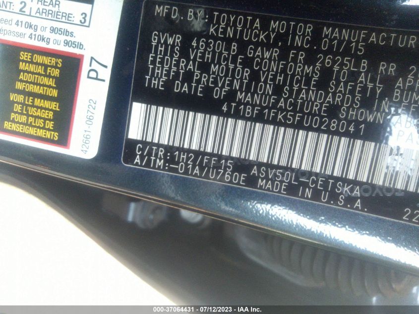 2015 TOYOTA CAMRY XLE/SE/LE/XSE - 4T1BF1FK5FU028041