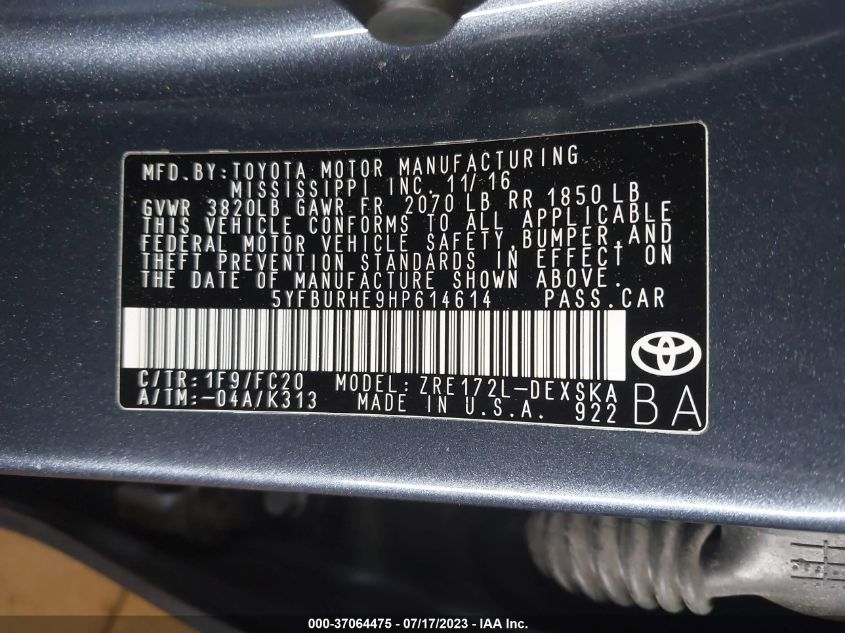 2017 TOYOTA COROLLA L/LE/XLE/SE - 5YFBURHE9HP614614