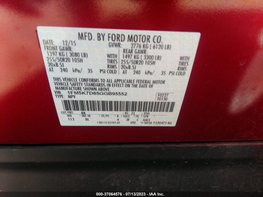 2016 FORD EXPLORER XLT - 1FM5K7D85GGB95552