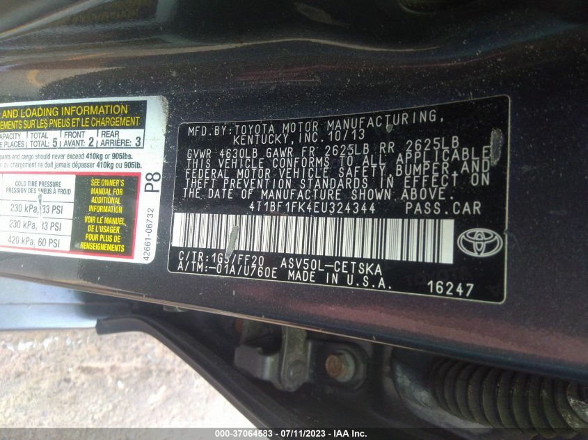 2014 TOYOTA CAMRY L/LE/XLE/SE/SE SPORT - 4T1BF1FK4EU324344