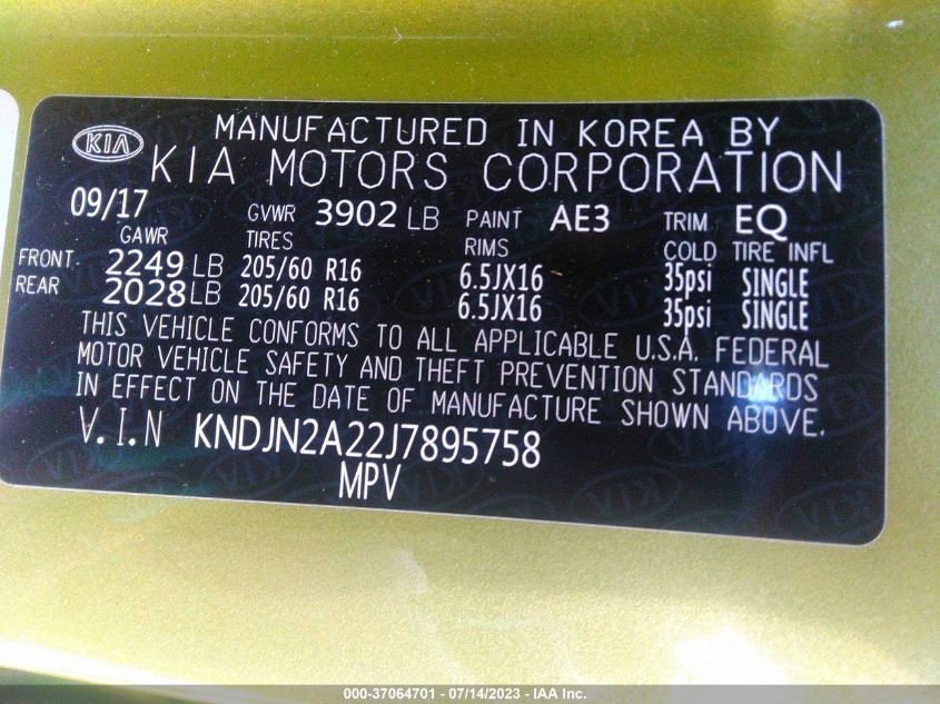 2018 KIA SOUL BASE - KNDJN2A22J7895758