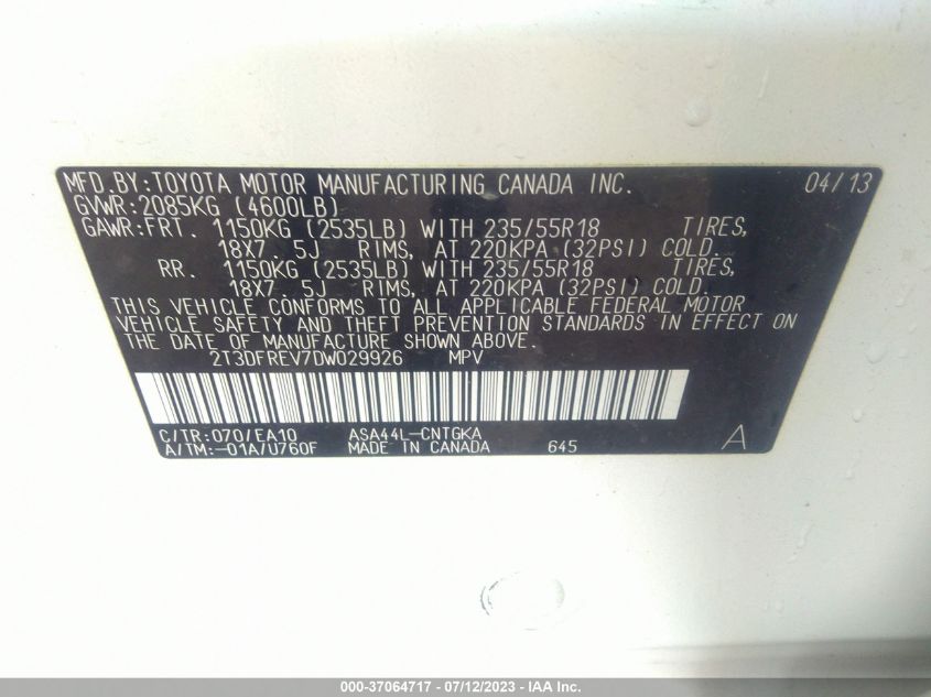 2013 TOYOTA RAV4 LIMITED - 2T3DFREV7DW029926