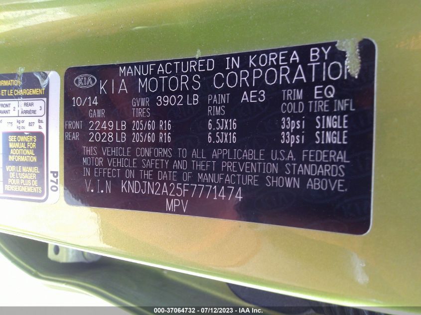 2015 KIA SOUL BASE - KNDJN2A25F7771474