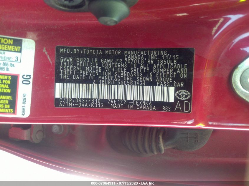 2016 TOYOTA COROLLA LE - 2T1BURHE5GC563434