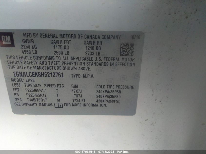 2017 CHEVROLET EQUINOX LT - 2GNALCEK8H6212761