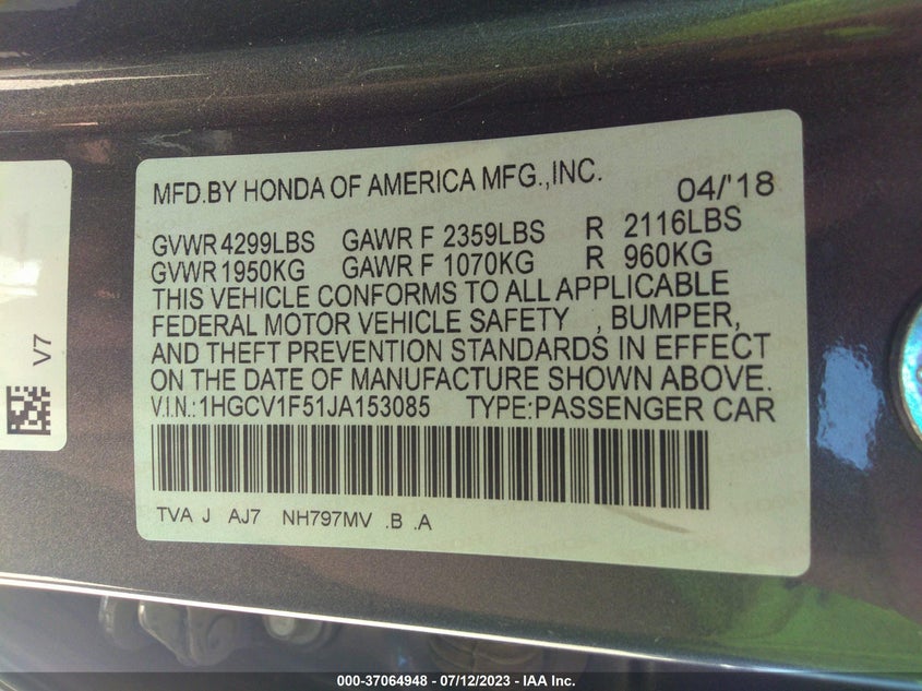 VIN 1HGCV1F51JA153085 2018 HONDA ACCORD SEDAN EX-L 1.5T