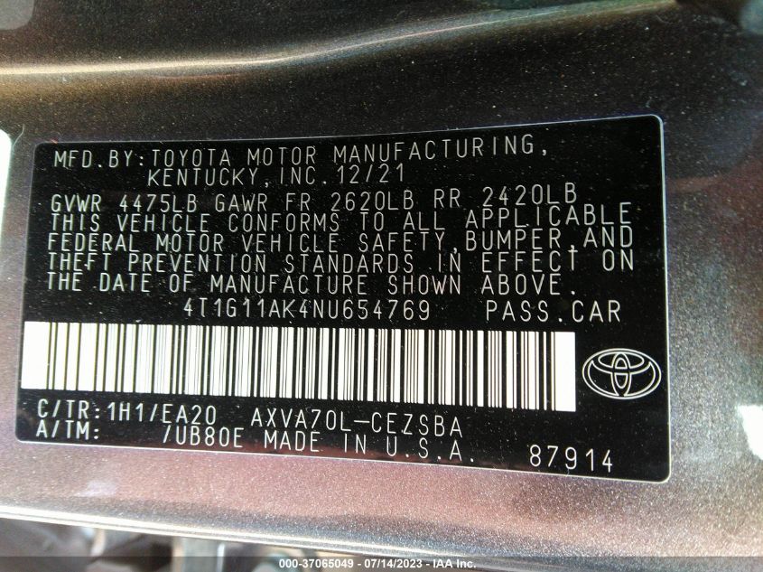 2022 TOYOTA CAMRY SE - 4T1G11AK4NU654769