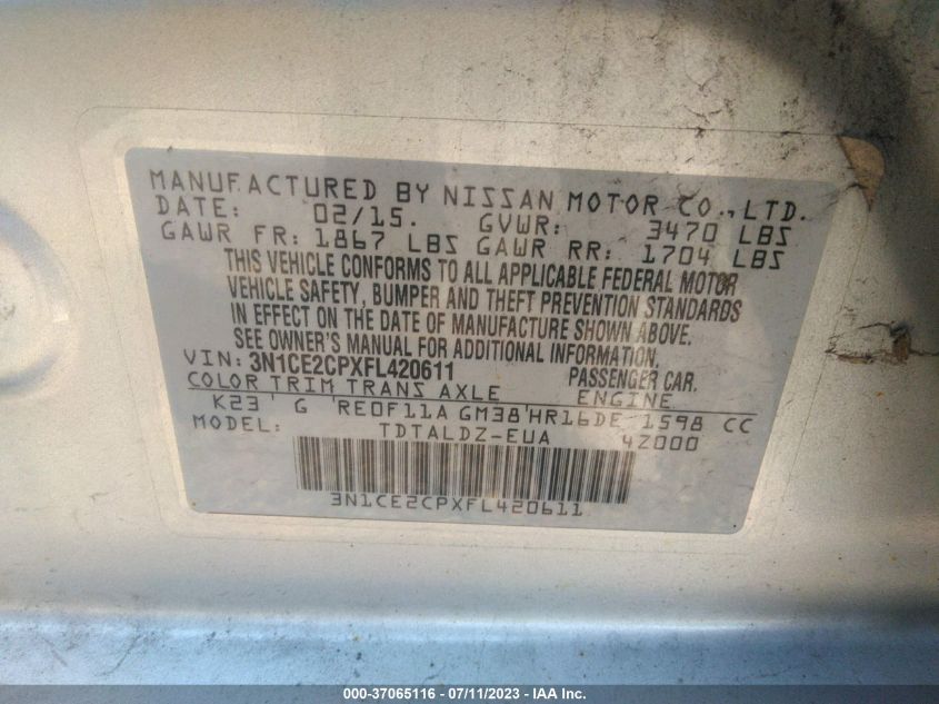 2015 NISSAN VERSA NOTE S/S PLUS/SV/SR/SL - 3N1CE2CPXFL420611
