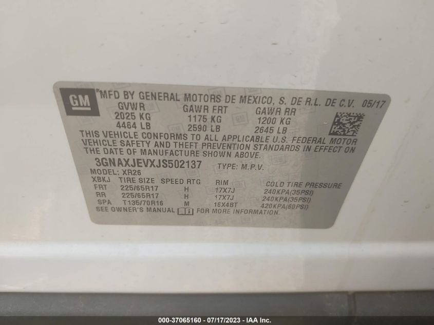 2018 CHEVROLET EQUINOX LT - 3GNAXJEVXJS502137
